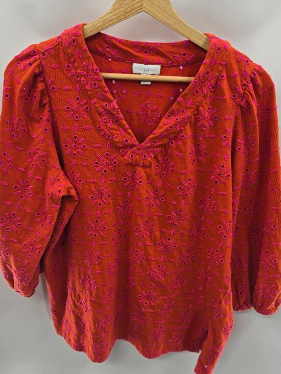 J. Jill Tops - J. Jill Orange Pink Embroidered Eyelet Balloon Sleeve Tunic Blouse Top Small